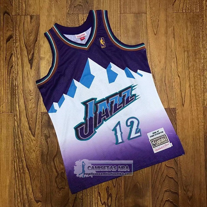 Camiseta Utah Jazz John Stockton NO 12 Hardwood Classics Throwback 1996-97 Violeta